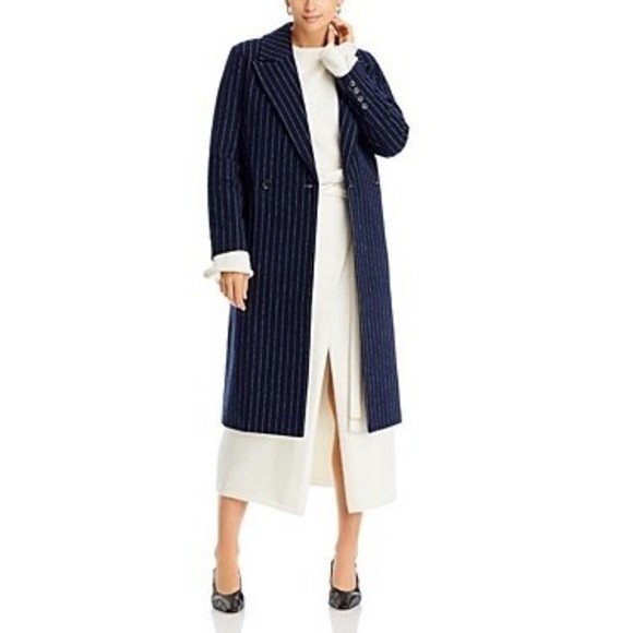 Aqua Double Breasted Coat Navy Pinstripe, Polyester/Wool Blend, XS - Picture 1 of 12